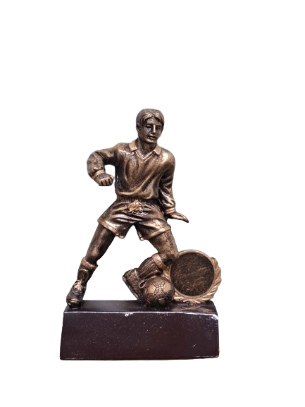 Bronze resin statue of a soccer player with a ball 