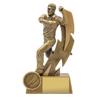 16cm tall resin trophy depicting a male cricket bowler in action with a ball and lightning bolt motif, mounted on a base with space for a personalized insert and plate