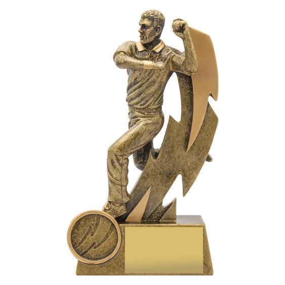 16cm tall resin trophy depicting a male cricket bowler in action with a ball and lightning bolt motif, mounted on a base with space for a personalized insert and plate