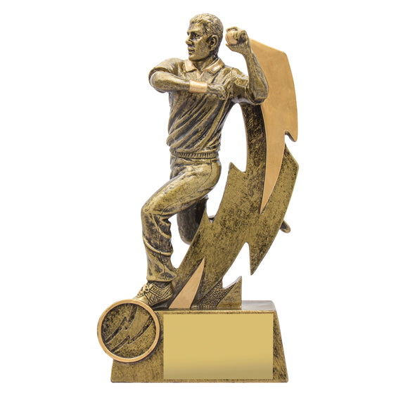 18.5cm tall resin trophy depicting a male cricket bowler in action with a ball and lightning bolt motif, mounted on a base with space for a personalized insert and plate