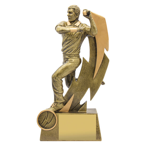 21cm tall resin trophy depicting a male cricket bowler in action with a ball and lightning bolt motif, mounted on a base with space for a personalized insert and plate
