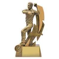 23cm tall resin trophy depicting a male cricket bowler in action with a ball and lightning bolt motif, mounted on a base with space for a personalized insert and plate