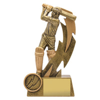 16cm resin trophy depicting a cricket player in a dynamic pose with a bat, standing on a base with space for a personalized insert and plate