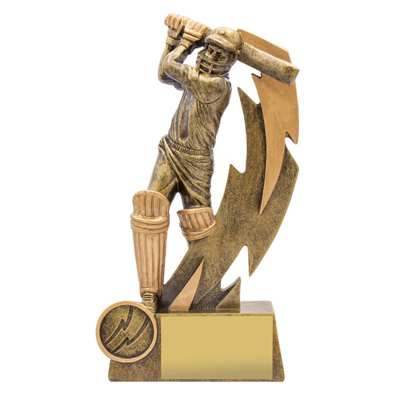18.5cm resin trophy depicting a cricket player in a dynamic pose with a bat, standing on a base with space for a personalized insert and plate