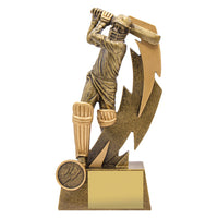 21cm resin trophy depicting a cricket player in a dynamic pose with a bat, standing on a base with space for a personalized insert and plate