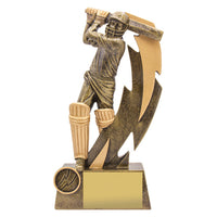 23cm resin trophy depicting a cricket player in a dynamic pose with a bat, standing on a base with space for a personalized insert and plate