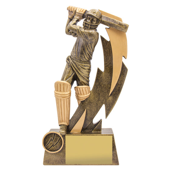 23cm resin trophy depicting a cricket player in a dynamic pose with a bat, standing on a base with space for a personalized insert and plate