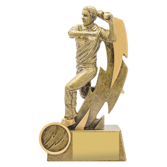 16cm tall resin trophy depicting a female cricket bowler in action with a ball and lightning bolt motif, mounted on a base with space for a personalized insert and plate