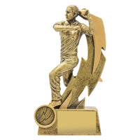 18.5cm tall resin trophy depicting a female cricket bowler in action with a ball and lightning bolt motif, mounted on a base with space for a personalized insert and plate