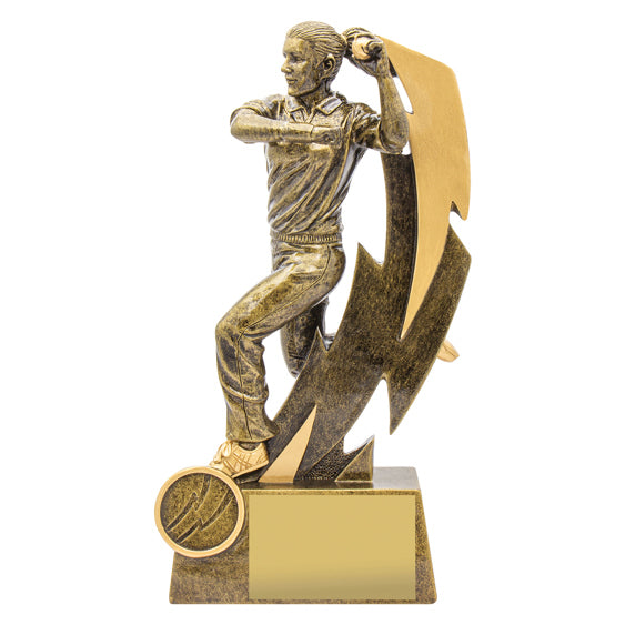 21cm tall resin trophy depicting a female cricket bowler in action with a ball and lightning bolt motif, mounted on a base with space for a personalized insert and plate