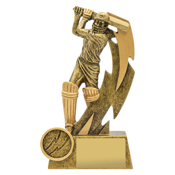 A 16cm tall gold-colored resin trophy featuring a female cricket player in action, with a space for a personalized insert and plate
