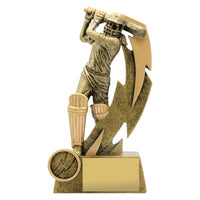 A 23cm tall gold-colored resin trophy featuring a female cricket player in action, with a space for a personalized insert and plate