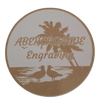 Round coaster with palm tree and seagull design, featuring 'Abercrombie Engraving' text.