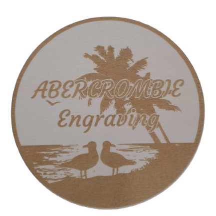 Round coaster with palm tree and seagull design, featuring 'Abercrombie Engraving' text.