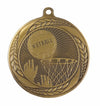 55mm antique gold medal with hands rising up trying to grab a netball over a hoop
