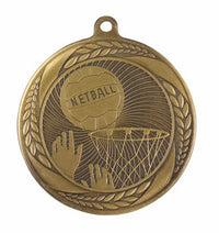 55mm antique gold medal with hands rising up trying to grab a netball over a hoop