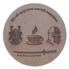 Round fiberboard coaster with warrior and coffee cup design and text
