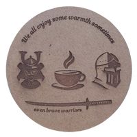 Round fiberboard coaster with warrior and coffee cup design and text