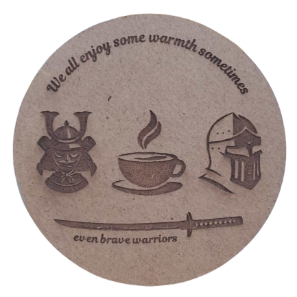 Round fiberboard coaster with warrior and coffee cup design and text