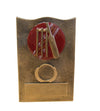 A resin cricket award with a space for a personalized insert and plate, featuring a cricket ball design with a bat and wickets atop of it