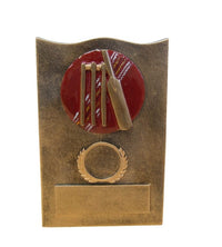 A resin cricket award with a space for a personalized insert and plate, featuring a cricket ball design with a bat and wickets atop of it