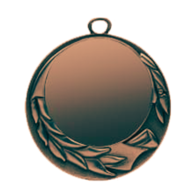 A bronze 70mm wreath medal with a central space for a 50mm insert and leaf patterns around the edge