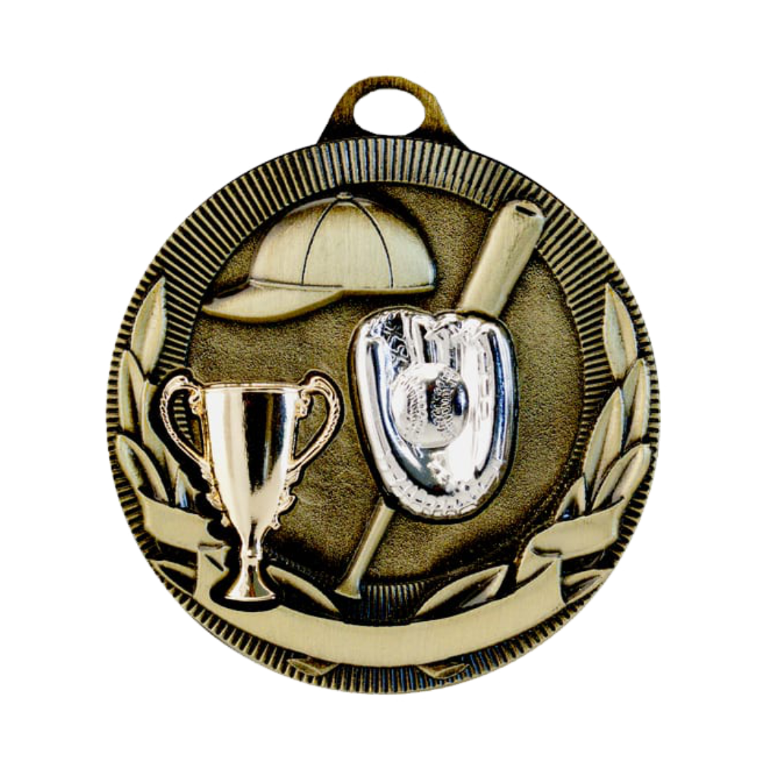 3D Gold medal featuring a design of a typical softball bat, cap, gloves and ball as well as a trophy to the side