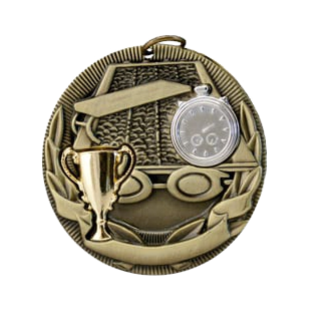 Gold 3D Swimming medal with a chronometer, a pool, a diving board and a trophy