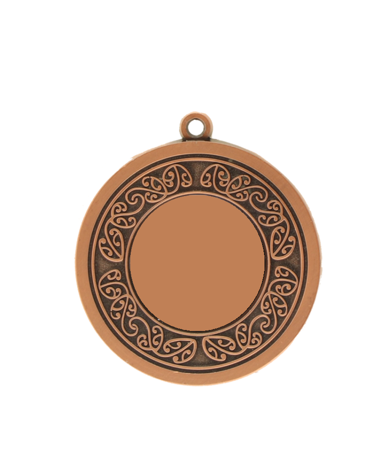 A bronze-colored, 45mm medal with a decorative floral pattern around the edge and a central blank for personalization.