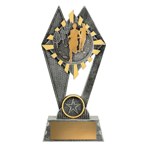 Trophy with running theme featuring a golden silhouette of 2 runners with trees