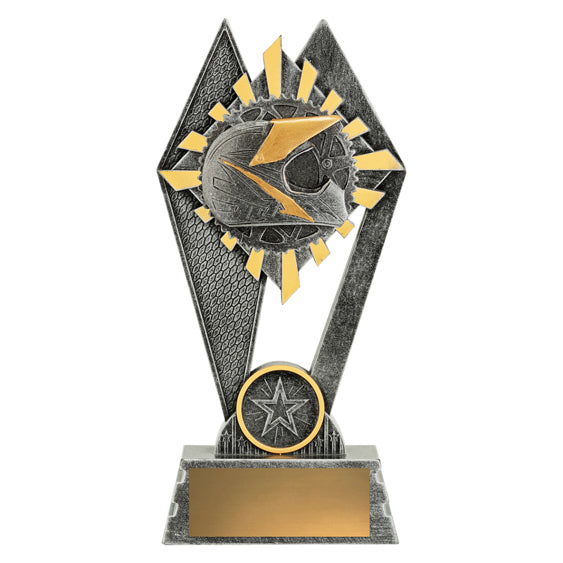 Decorative trophy featuring cogs and a motorcycle helmet