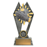 Trophy with a soccer/football goalkeeping glove stopping a ball